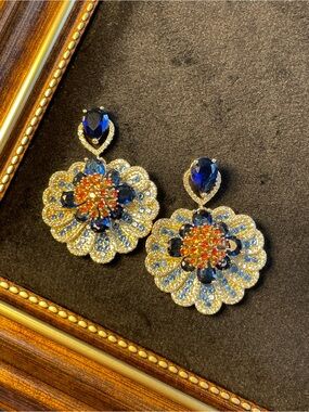 Blue & Orange Crystal Floral Drop Earrings